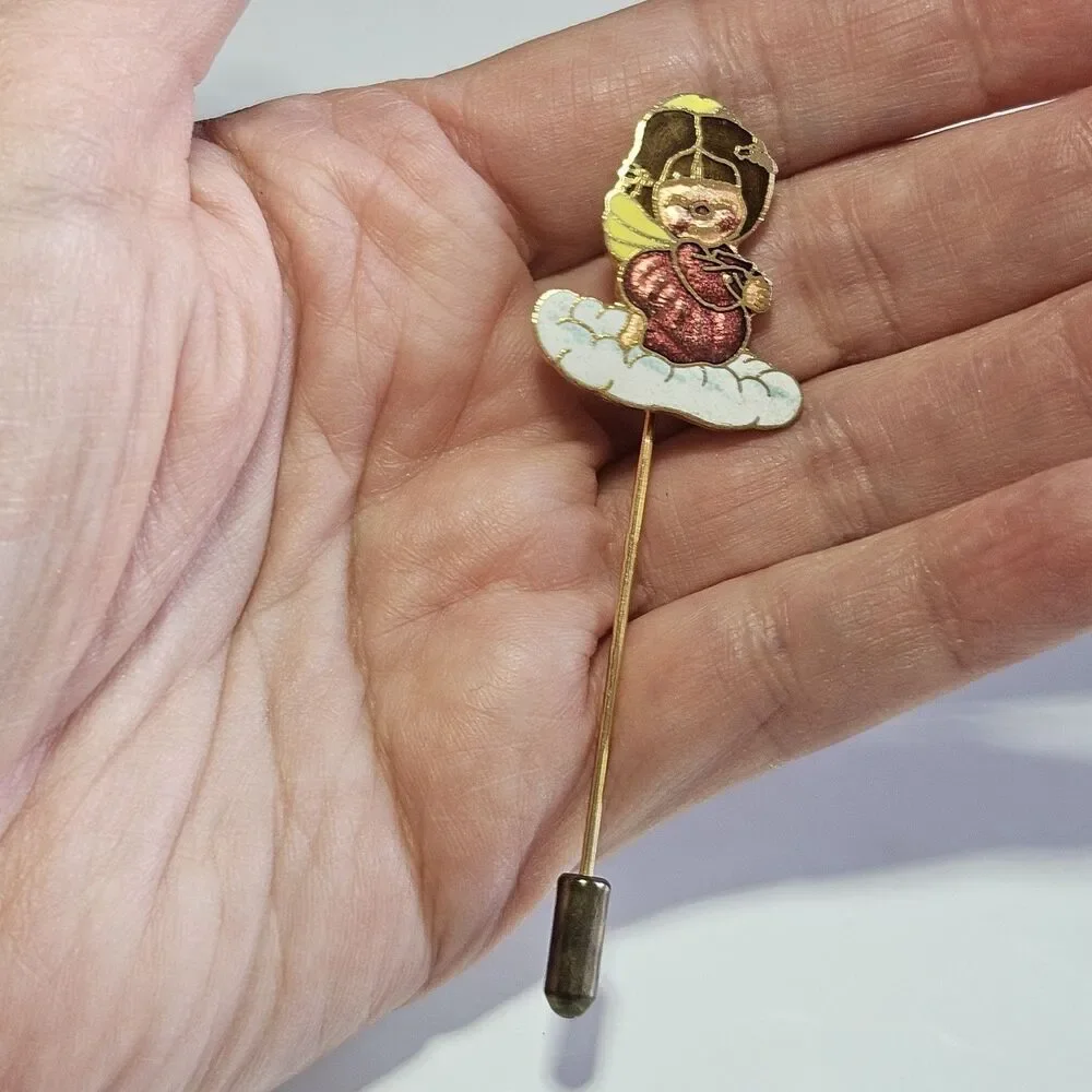 Vintage 1978 Enameled Centennia Stick Pin Gold Tone Angel Praying Red Pink Lapel